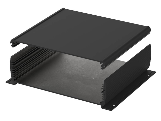 Black powder coated two-parts aluprofile box with integrated flanges along the bottom part of the profile for mounting on the wall and on the ceiling