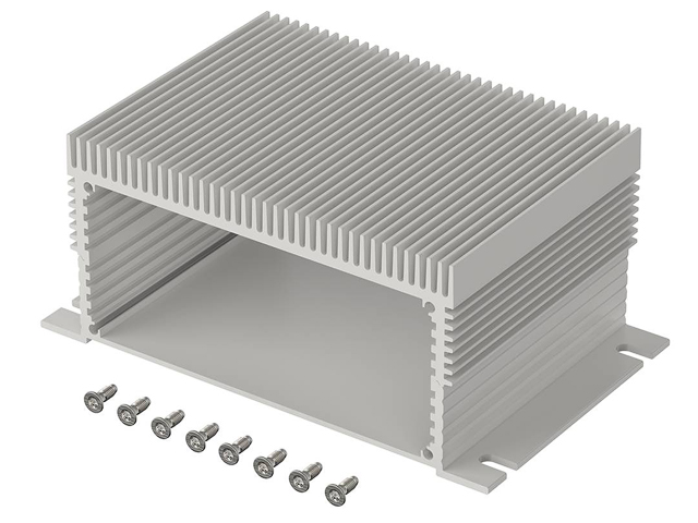 Heatsink enclosure with flanges for mounting on the wall and on the ceiling, for power fanless electronic systems