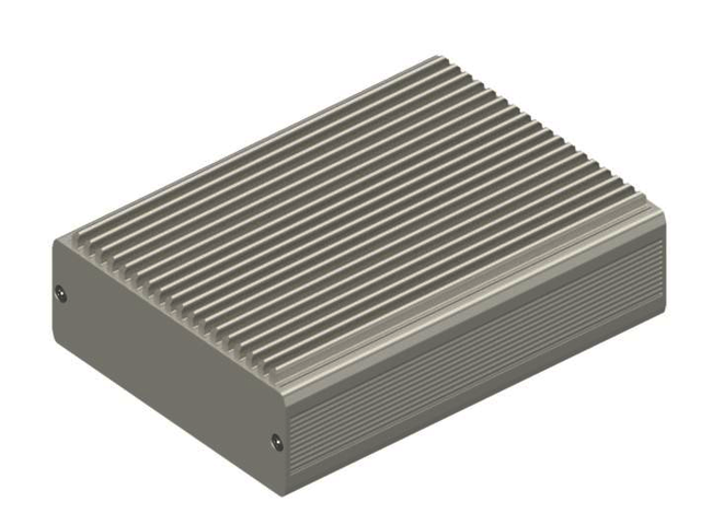 Heat dissipating metal housing based on extruded aluminium profile with open top for slide-in radiator